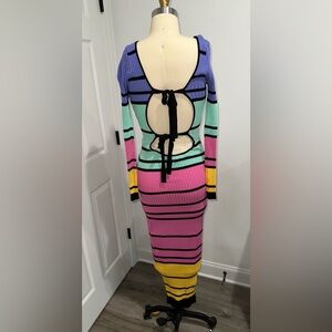 Colorblock back Cutout Long Sleeve Ribbed Midi Dress - Multi Color